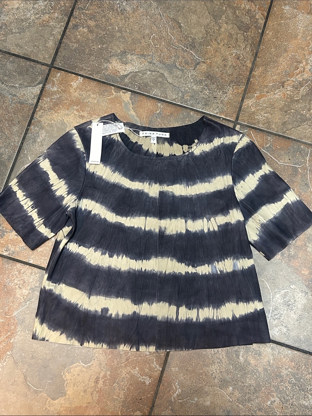 Trina Turk Navy and Cream Striped Tie-Dye 100% Lamb Skin Leather Top sz Small